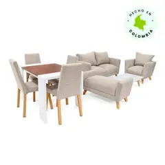 MICA - Juego de Sala Moderno en Tela (Sofá 2 Puestos + Poltrona + Puff + Mesa de Centro + Comedor 4 Puestos) Túnez Colonia