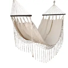 GENERICO - Hamaca en Algodón con flecos Artesanal con Soporte de Madera Beige