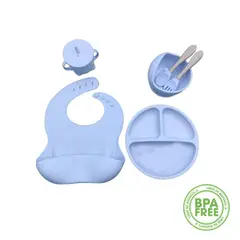 GENERICO - SET PLATO TAZON BABERO CUCHARA VASO SILICONA BEBÉ-AZUL