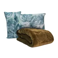 REALTEX - Edredón Acolchado Real Tex Doble Faz Confort Flannel Hojas Menta y Flannel Café