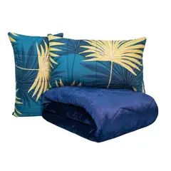 REALTEX - Edredón Acolchado Real Tex Doble Faz Confort Flannel Hojas Doradas y Flannel Azul