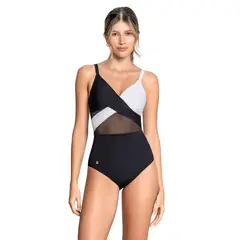 LEONISA - Vestido de baño entero control suave de abdomen elaborado con nylon reciclado