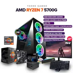 AMD - TORRE GAMER RYZEN 7 5700G / Board A520M / RAM 16GB /SSD 1TB Monitor 22" FHD