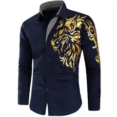 GENERAL - Camisa Diseño Dragon Dorado Moda Manga Larga Azul Oscuro