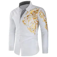 GENERAL - Camisa Diseño Dragon Dorado Moda Manga Larga Blanco