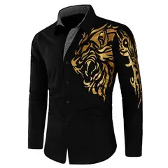 GENERAL - Camisa Diseño Dragon Dorado Moda Manga Larga Negro