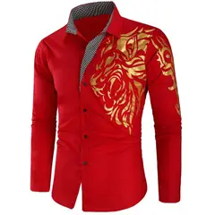 GENERAL - Camisa Diseño Dragon Dorado Moda Manga Larga Rojo