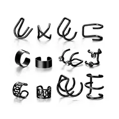 GENERAL - Aretes Ear Cuff Set 12 Piezas Ajustables Sin Perforacion Negro