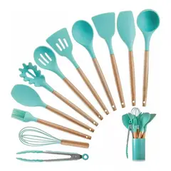 KITCHEN - Set De Utensilios De Cocina 12 Piezas En Silicona Verde Menta.