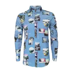 SON DOS - Camisa azul claro stretch estampada manga larga slim hombre