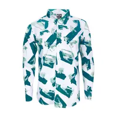 SON DOS - Camisa blanca estampada tonos verdes manga larga slim hombre