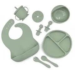 FRAGOLA KIDS - Kit Alimentación Bebe Vajilla Silicona Babero 10 Pzas Verde