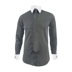 SON DOS - Camisa formal gris cuello y puños mancorna blancos hombre