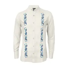 SON DOS - Camisa guayabera lino marfil con bordado azul manga larga