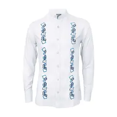 SON DOS - Camisa guayabera lino blanco con bordado azul manga larga