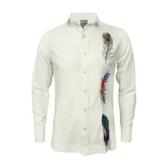 SON DOS - Camisa guayabera lino marfil bordada plumas manga larga
