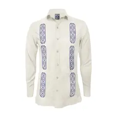 SON DOS - Camisa guayabera lino marfil con bolsillos bordada manga larga