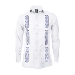 SON DOS - Camisa guayabera lino blanco con bolsillos bordada manga larga
