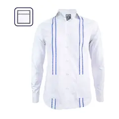 SON DOS - Camisa guayabera blanca bordada azul dos bolsillos manga larga hombre