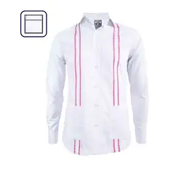 SON DOS - Camisa guayabera blanca bordada fucsia con dos bolsillos manga larga