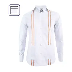 SON DOS - Camisa guayabera blanca bordada naranja dos bolsillos manga larga