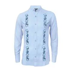 SON DOS - Camisa guayabera lino azul claro con bordado azul manga larga
