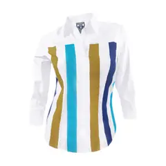 SON DOS - Camisa blusa blanca rayas manga tres cuartos algodón stretch mujer