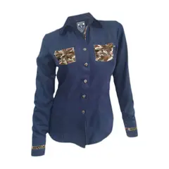 SON DOS - Camisa blusa denim azul silueta entallada manga larga mujer