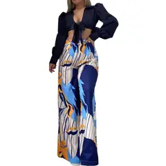 YURELKSHOP - CONJUNTO TOP Y PANTALON LARGO BLUSA MANGA LARGA