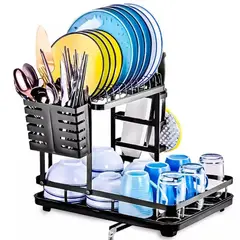 ONE PIXEL - Escurridor De Platos Metálico Con Bandeja 2 Niveles Negro
