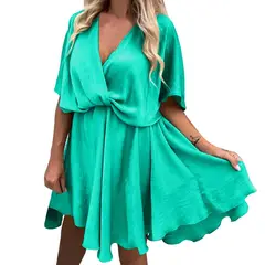FRIOLENTA - Vestido de verano con cuello en V suelto en satín Alma Verde