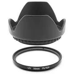 GENERICO - Kit protector uv 55mm + parasol tipo tulipan para sony nikon dslr