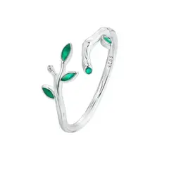 GENERICO - Anillo Ajustable Para Mujer Hoja Rama Verde Fabricado En Plata 925