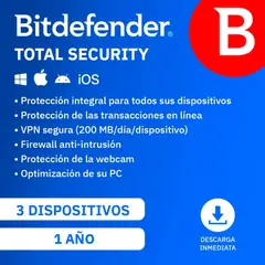 BITDEFENDER - Antivirus Total Security 3 Usuarios, 1 Año