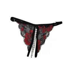 GENERICO - Tanga francesa encaje mujer Negro y Rojo con perlas estimulantes