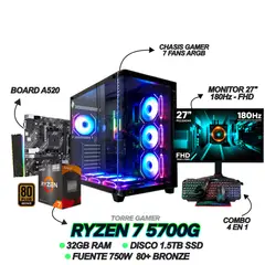 AMD - TORRE GAMER RYZEN 7 5700G / 32GB RAM / 1.5TB SSD / 7 FANS / 750W / MONITOR 27" 180Hz + COMBO GAMER