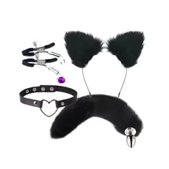 GENERICO - Plug anal Cola de zorro talla S Negro con orejas pezonera