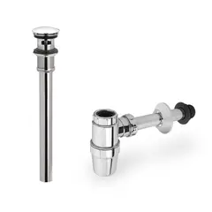 GRIVAL - Kit desagüe push sin rebose + sifón botella flexible metálico