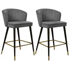 MOBLIHOUSE - Set X2 Taburete Alto Tapizado Terciopelo Moderno Con Respaldo Gris