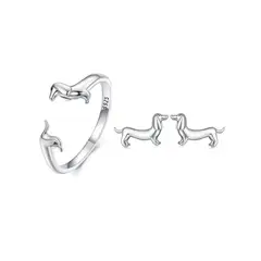 ALHAJAS - Juego Anillo Ajustable Y Aretes Mujer Perro Salchicha En Plata 925