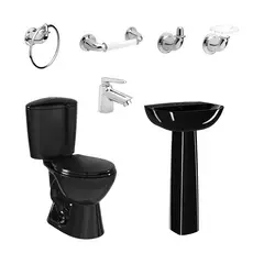 CORONA - Combo Manantial Pro Redondo Negro con pedestal Grifería y Lavamanos