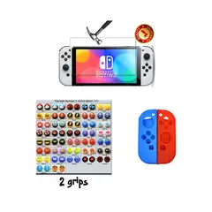 GENERICO - Protector Silicona Joycon + 2 Grips + Vidrio Nintendo Switch OLED