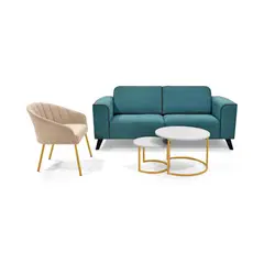 VENECIA - Sala Lotus con Mesas Anaheim y Poltrona Misaki Petroleo Taupe