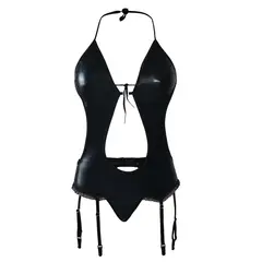 ELECTRIK LINGERIE - Body con Liguero en Lamet Negro - Brillo Audaz