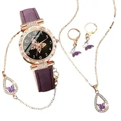 VANIDADES COLLECTIONS - Kit Reloj Mariposa Para Mujer + Juego De Collar Aretes Morado