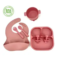 GENERICO - SET PLATO BABERO CUCHARATENEDOR TAZÓN SILICONA BEBÉ-ROSA