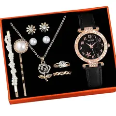 VANIDADES COLLECTIONS - Kit Reloj Negro Rosas Para Mujer + Juego De Collar Aretes