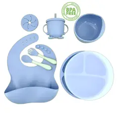 GENERICO - SET PLATO TAPA BABERO CUCHARA TENEDOR TAZÓN VASO BEBÉ-AZUL