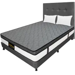 DORMILANDIA - Combo Colchón Gris King Resortado Dublín Base Cama Dividida Cabecero Almohadas.