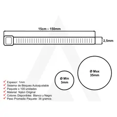 GENERICO - Amarre Abrazadera Plastica 150mm Negro